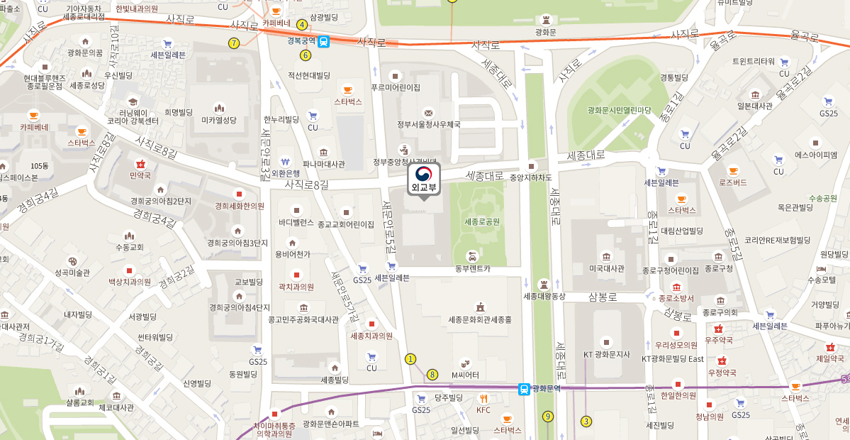 외교부 약도(서울특별시 종로구 사직로8길 60 외교부 우편번호:03172)